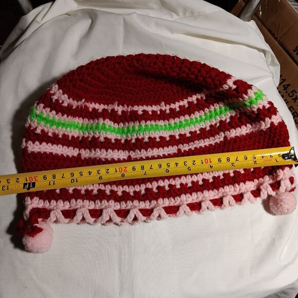 Vintage Handmade Crochet Hat Red White Green Striped Pattern With Pom-Pom Trim - Picture 6 of 10